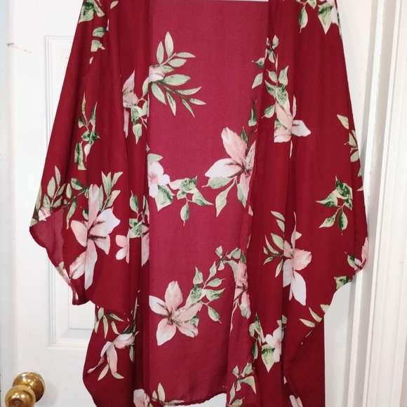 TeenBell Burgundy Floral Kimono with Pink & Green Accents PTP 30" - Picture 3 of 3